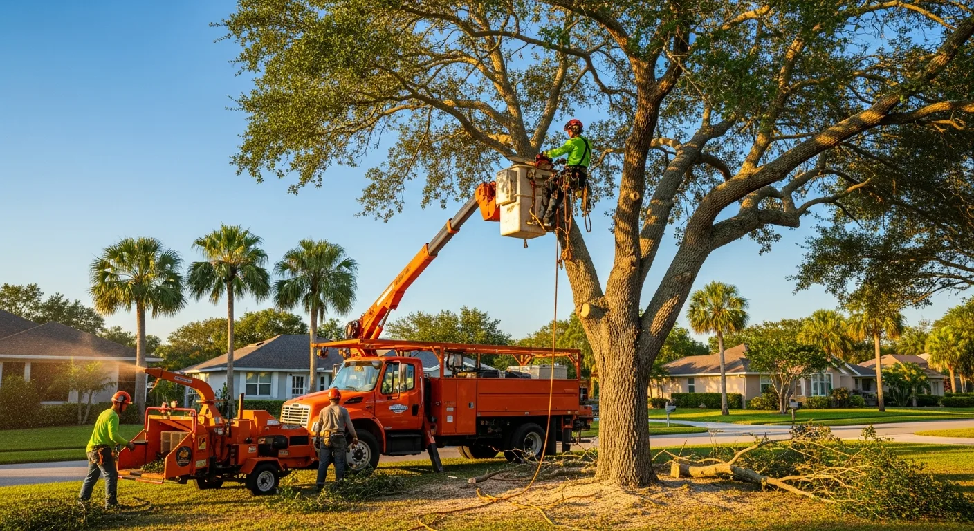 Professional tree service crew removing a large tree at a Southwest Florida home